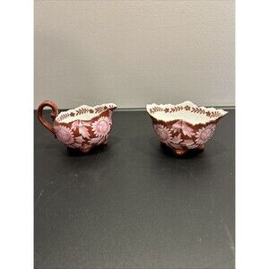 Austria porcelain cream & sugar flowers Maroon & Pink Vintage Footed